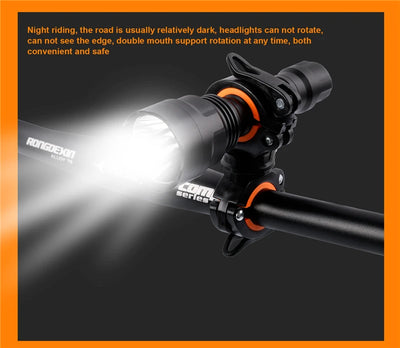 360° rotatable bike light bracket with LED flashlight, ideal for safe night cycling and easy mounting on handlebars.