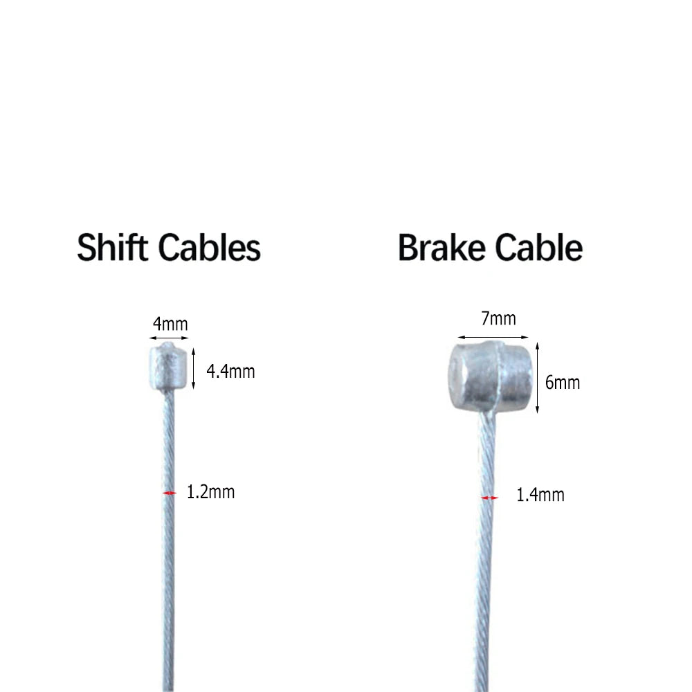 Close-up image showing specifications of bike shift cables and brake cables, highlighting their sizes and fittings.