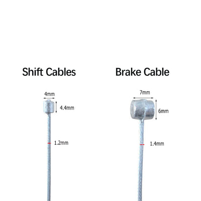 Close-up image showing specifications of bike shift cables and brake cables, highlighting their sizes and fittings.