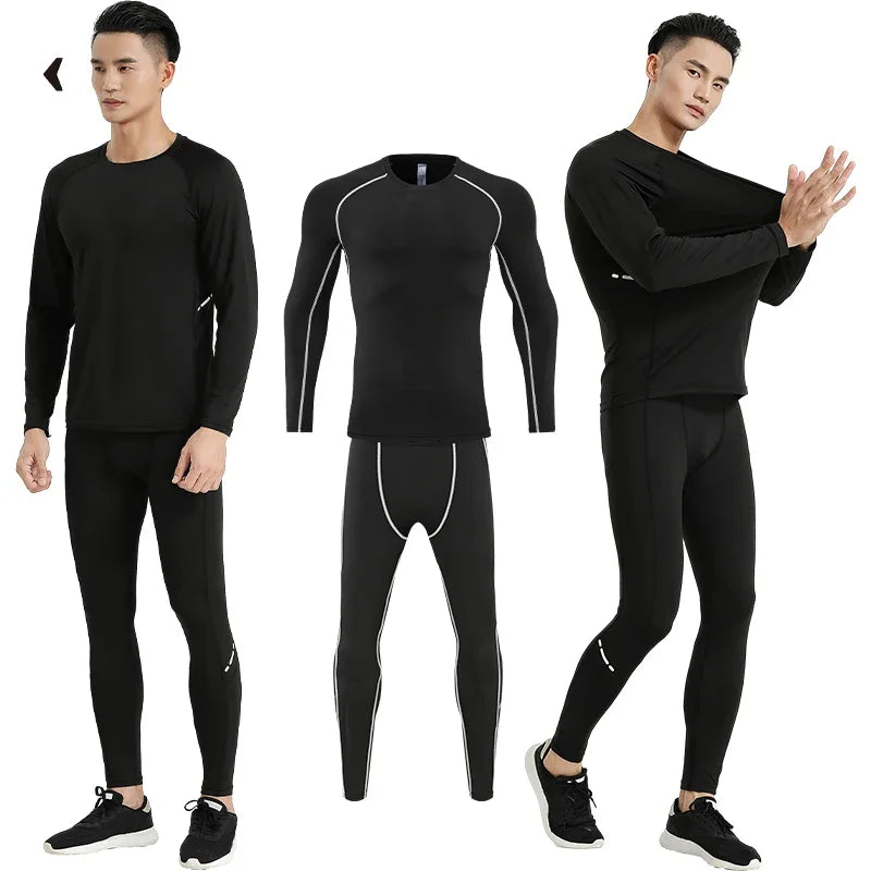 Men’s black compression sportswear set featuring long-sleeve and fitted pants for gym training and workouts.