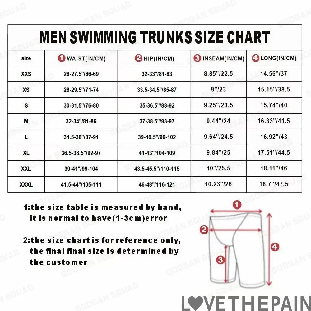 Men's swimming trunks size chart displaying waist, hip, inseam, and length measurements for various sizes.