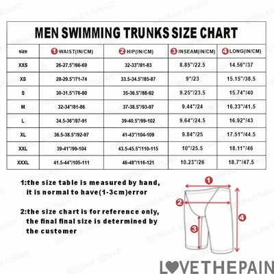 Men's swimming trunks size chart displaying waist, hip, inseam, and length measurements for various sizes.
