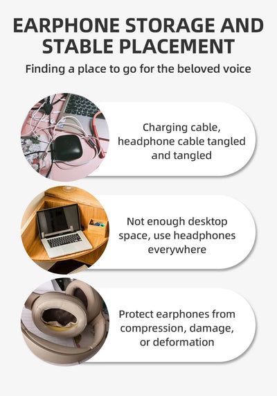 Infographic on earphone storage challenges, featuring tangled cables, cluttered desks, and earphone protection tips.