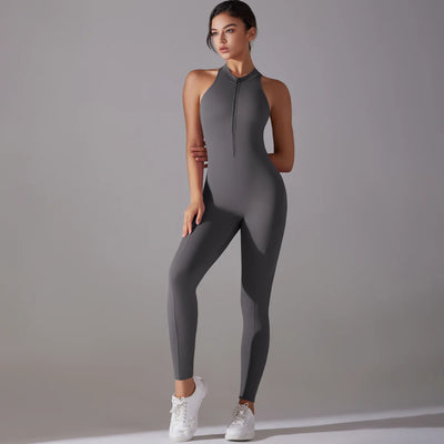 Slim-fit women's sports bodysuit in gray, perfect for yoga and gym workouts, features tummy control and butt lifting.