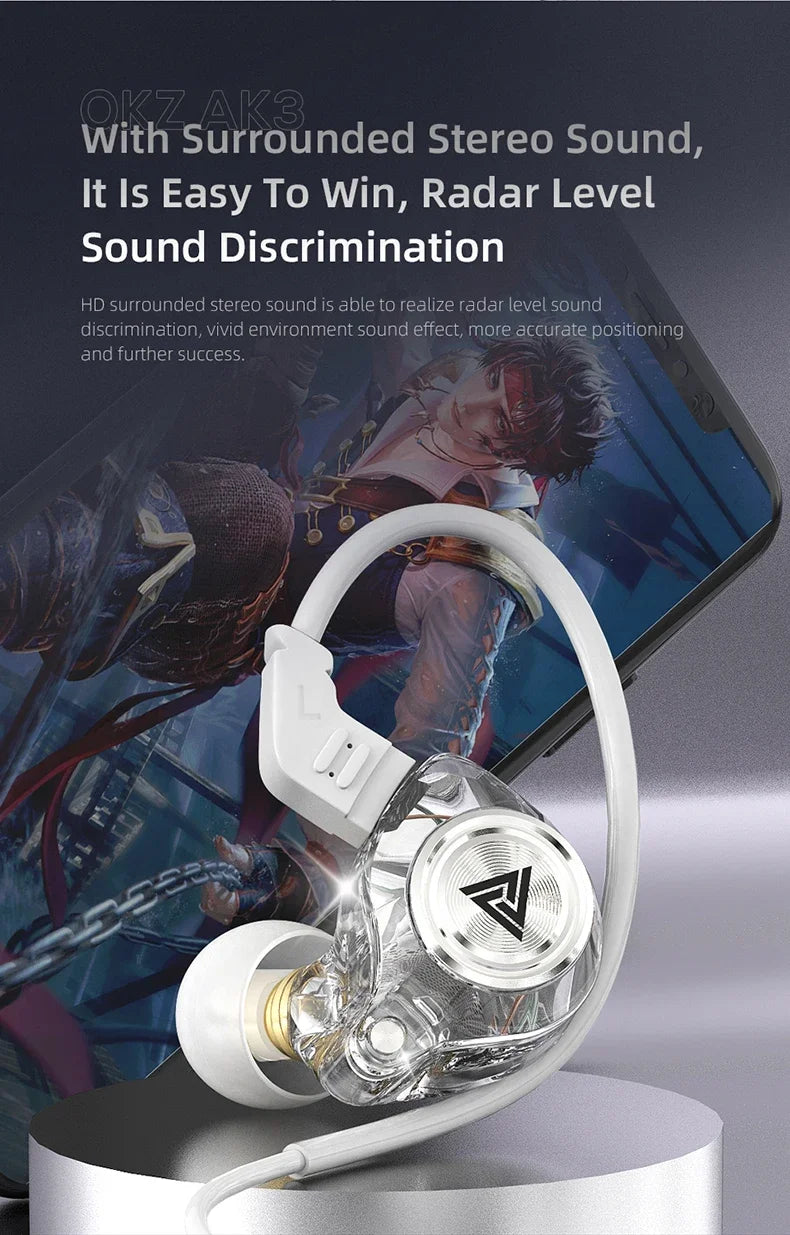 QKZ AK3 FiLe Wired Earphones featuring clear stereo sound and active noise-cancellation for immersive gaming experiences.
