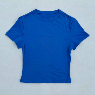 Blue women's short sleeved sports t-shirt, quick drying and breathable fabric, perfect for yoga and fitness.