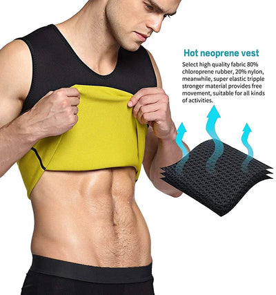 Man wearing a hot neoprene vest made of 80% rubber, 20% nylon, promoting fat burning and flexibility for various activities.