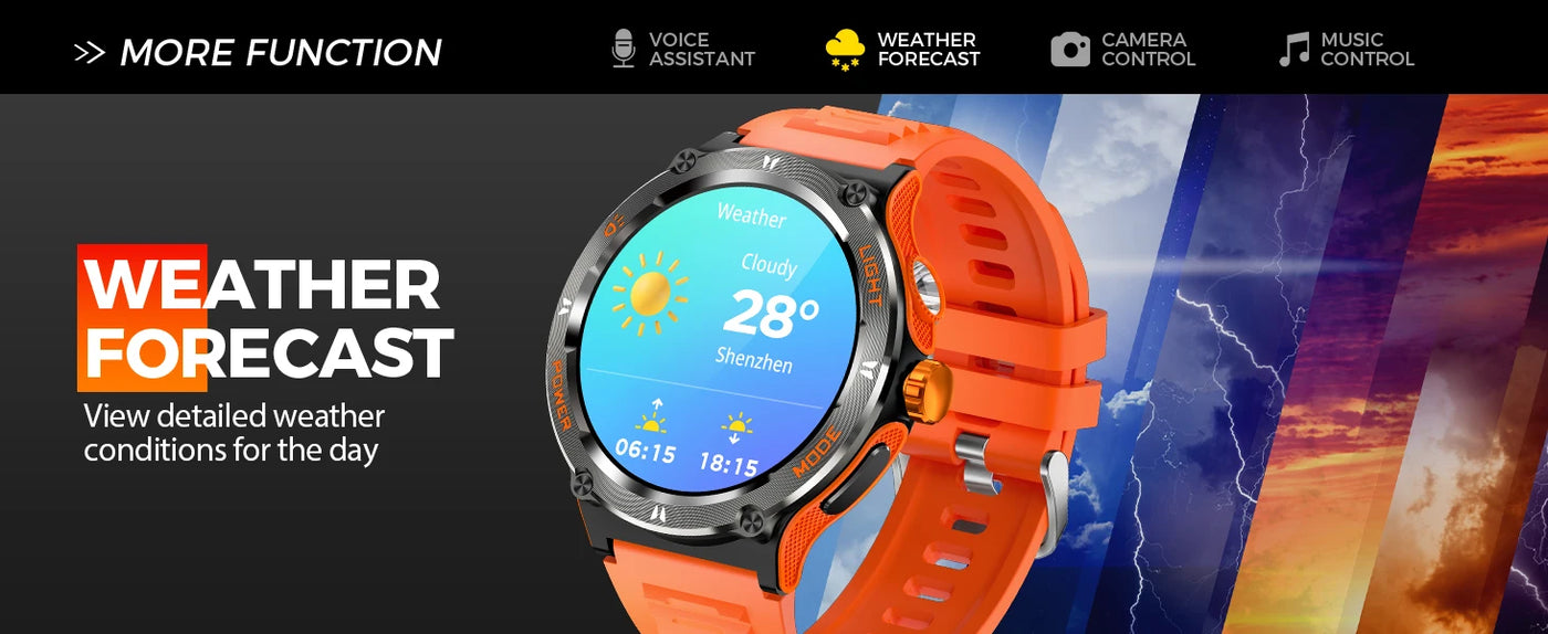 LaNikar Smart Watch displaying weather forecast features, showcasing vibrant UI and orange silicone band.