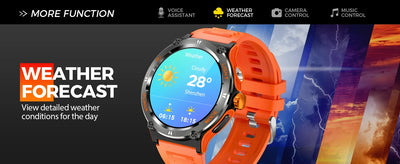 LaNikar Smart Watch displaying weather forecast features, showcasing vibrant UI and orange silicone band.