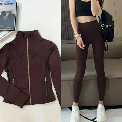 Women's slim fit gold label sport jacket with matching leggings for yoga and fitness.