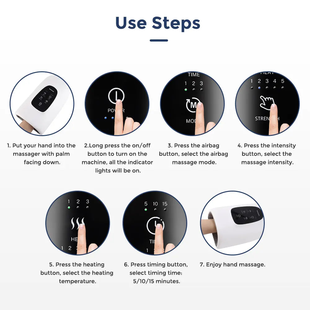 Step-by-step guide for using the Electric Hand Massage device with airbag compression and heat therapy.