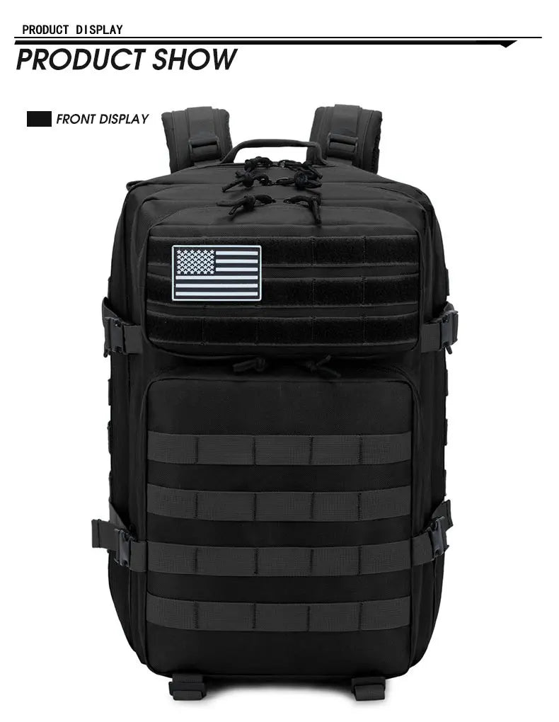 Front display of a tactical 45L backpack featuring a flag patch, designed for hiking and outdoor activities.