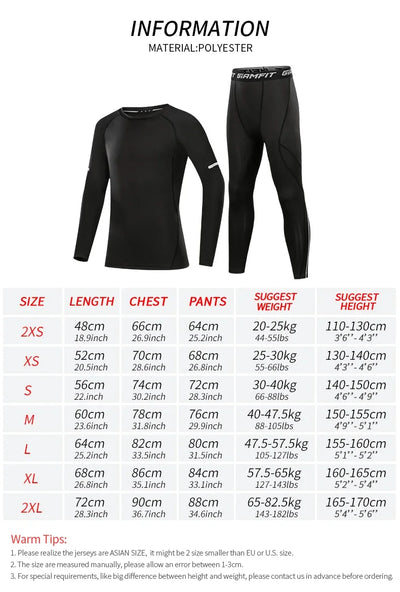 Size chart and specifications for Kids Thermal Sports Set, including measurements for various sizes in polyester material.