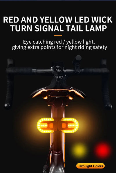 Wireless bike turn signal LED tail lamp with red and yellow lights for enhanced night riding safety.