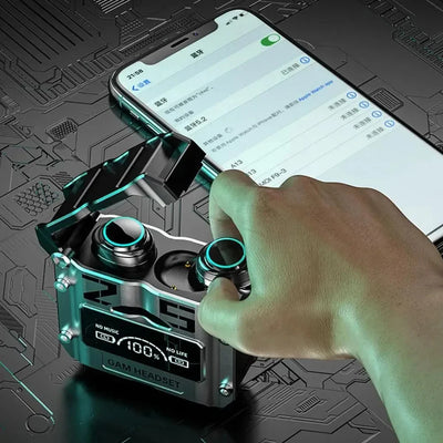 Hand reaching for TWS wireless headphones in charging case, connected to a smartphone, showcasing touch control features.