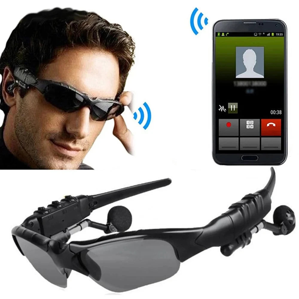 Wireless sunglasses headset featuring Bluetooth earphones, ideal for driving and sports activities.