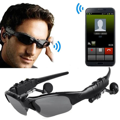 Wireless sunglasses headset featuring Bluetooth earphones, ideal for driving and sports activities.