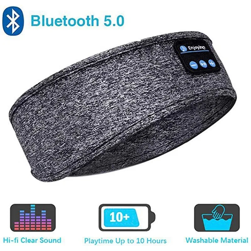 Wireless music eye mask headband headphones with Bluetooth 5.0, active noise-cancellation, and washable material.