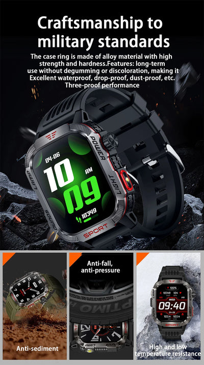 Military GPS smart watch showcasing craftsmanship, waterproof design, and durable features for outdoor sports.