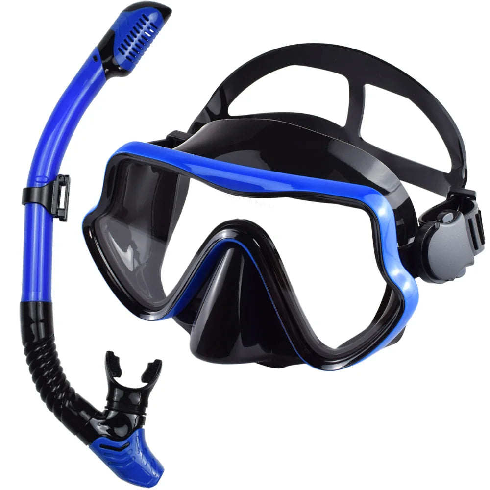 Scuba diving mask and snorkel set for adults, featuring tempered glass and professional panoramic design for snorkeling.