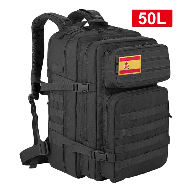 50L tactical backpack in black with Spanish flag, ideal for hiking, camping, and outdoor activities.