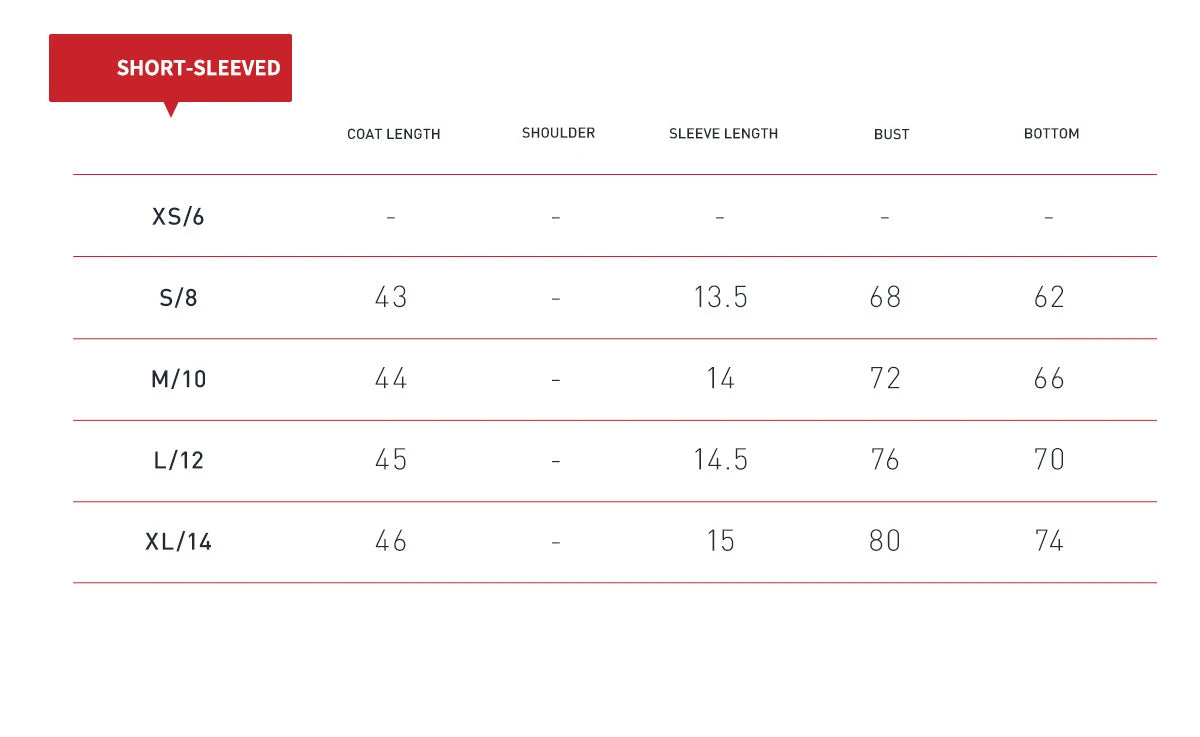Size chart for women's short-sleeved sports t-shirts, including coat length, sleeve length, bust, and bottom measurements.