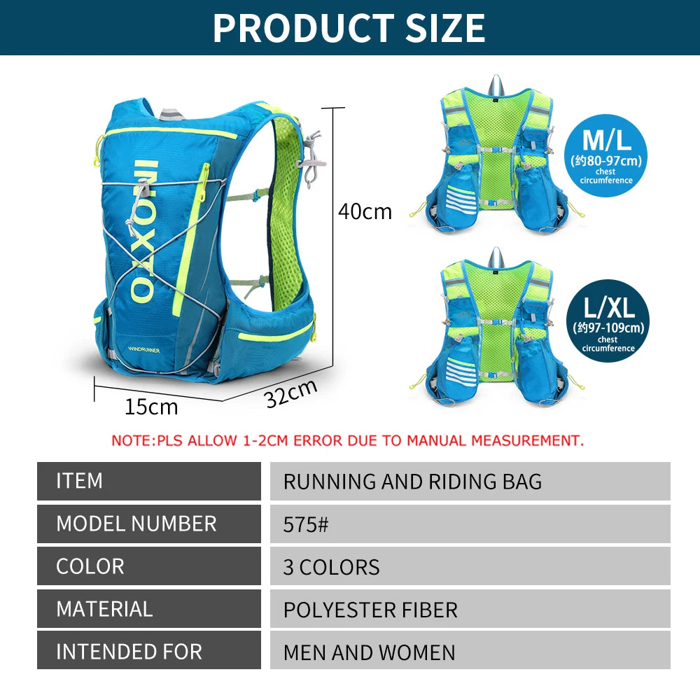 Hydration vest backpack size specifications for running, cycling, hiking. Model 575, made of polyester, in 3 colors.