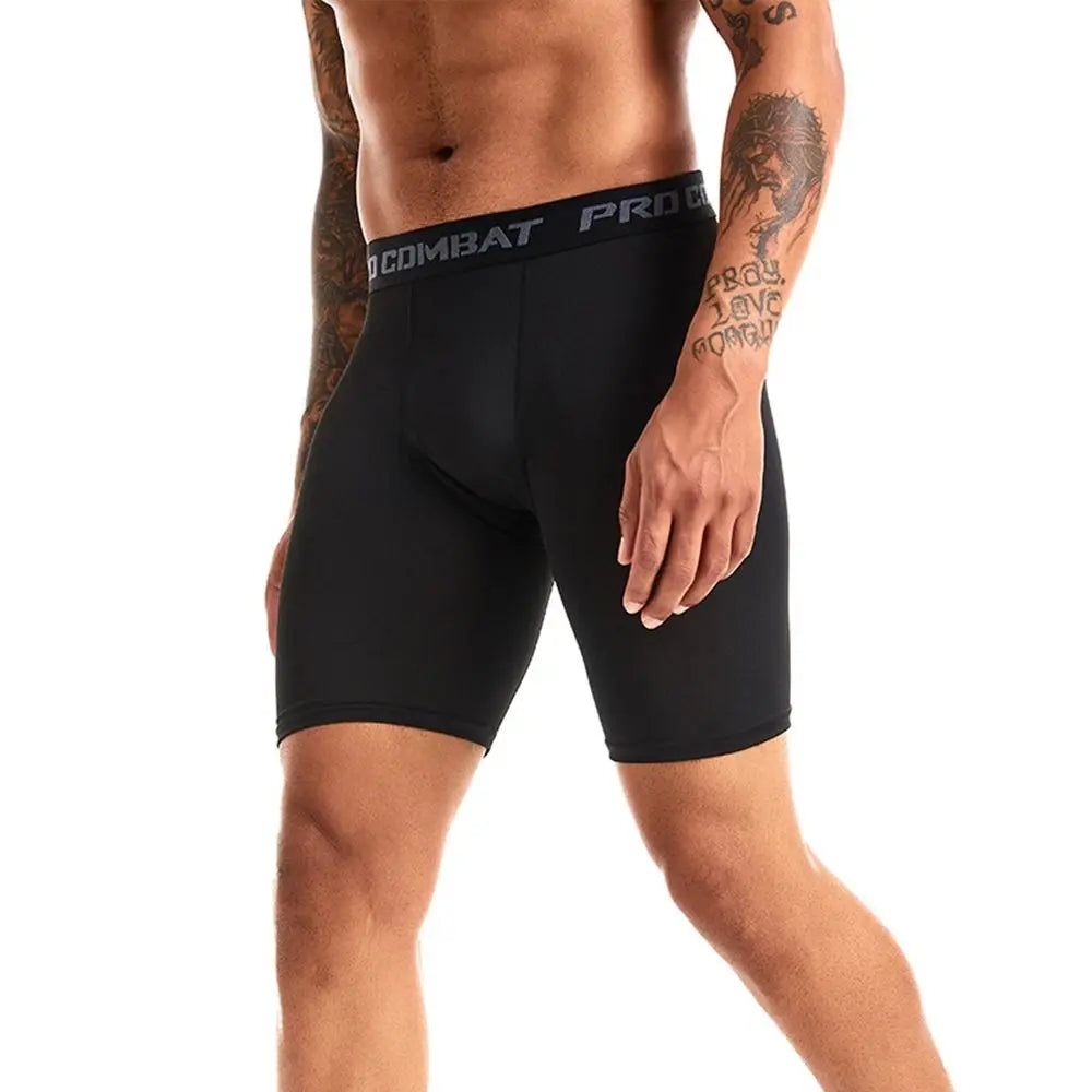 Men's compression shorts in black, featuring spandex material for athletic performance during workouts and sports.