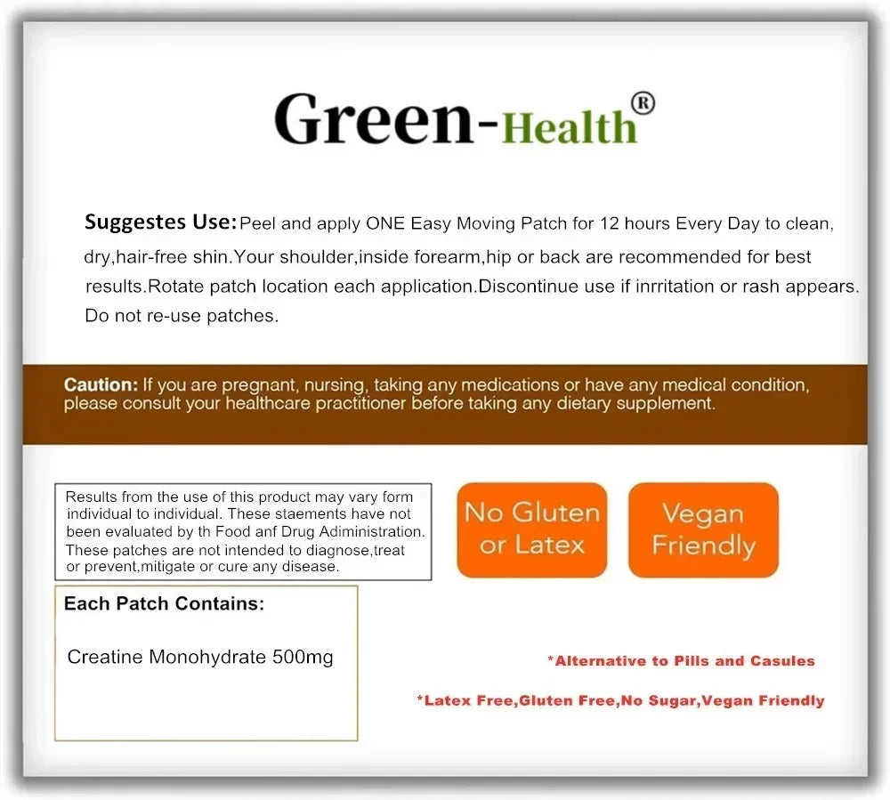 Creatine Monohydrate transdermal patch details, including gluten-free and vegan-friendly certifications.