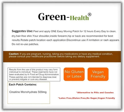 Creatine Monohydrate transdermal patch details, including gluten-free and vegan-friendly certifications.