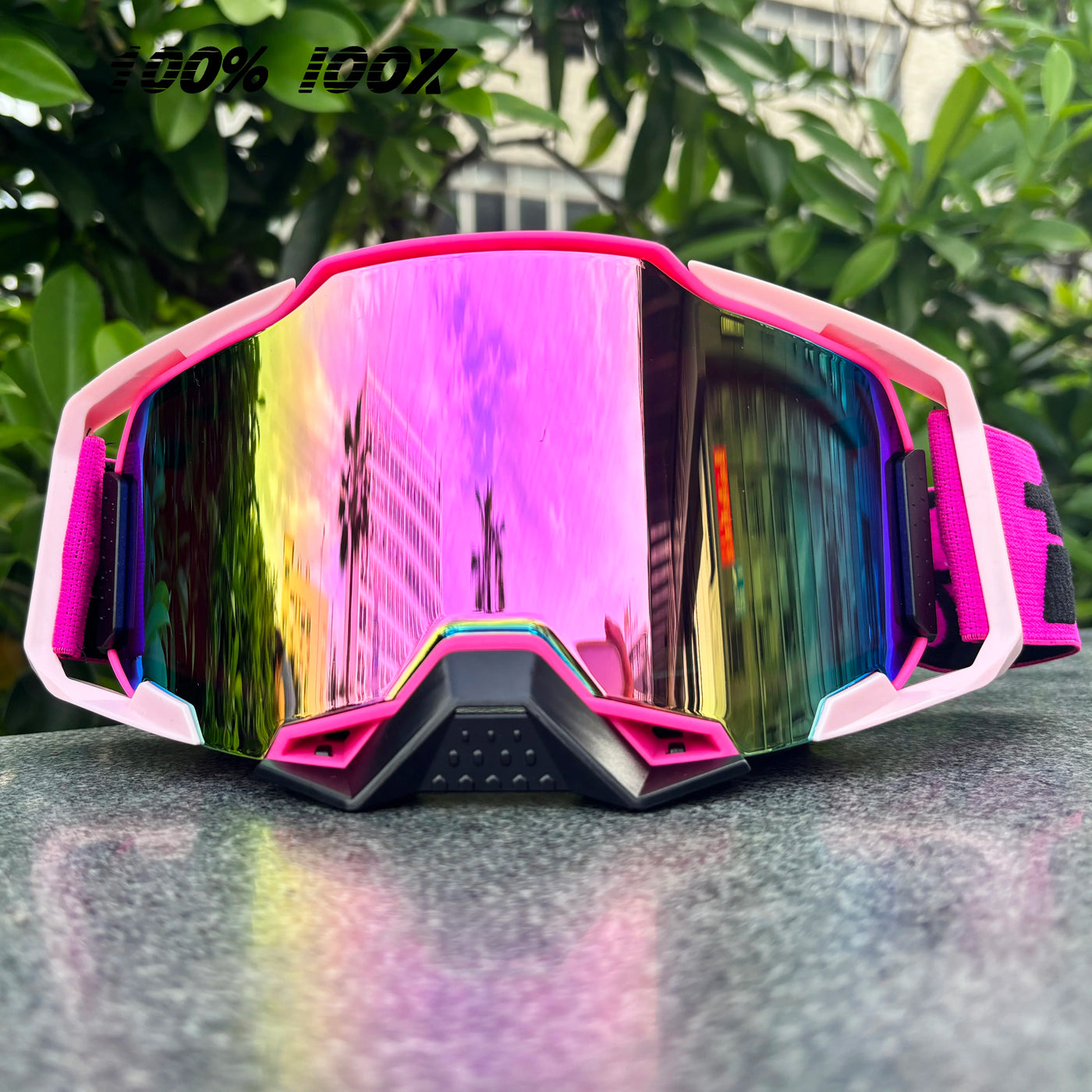 100% IOOX MTB goggles featuring a vibrant mirrored lens and stylish frame, ideal for off-road cycling and dirt bike racing.