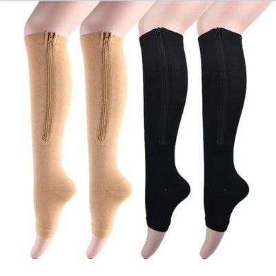 Two pairs of high elasticity nylon zipper compression socks in beige and black for edema and varicose veins.