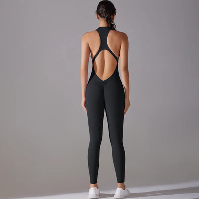 Back view of a women's black bodysuit with tummy control and butt lifting features, ideal for yoga or workouts.
