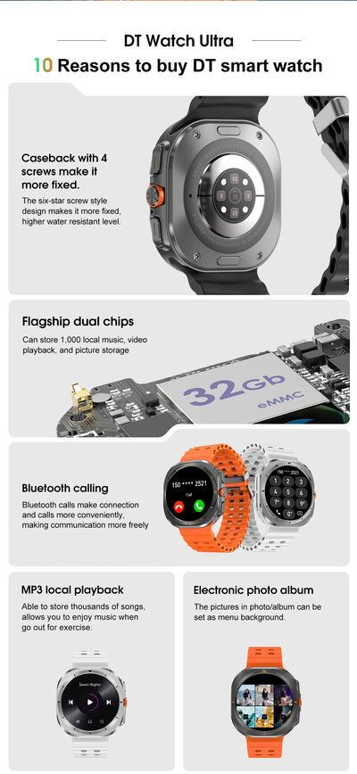 10 reasons to buy DT Watch Ultra smartwatch featuring dual chips, Bluetooth calling, and MP3 playback.