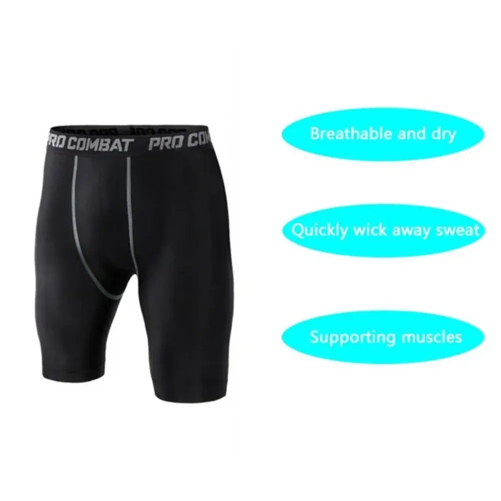 Men's black compression shorts with breathable design, moisture-wicking fabric, and muscle support features.