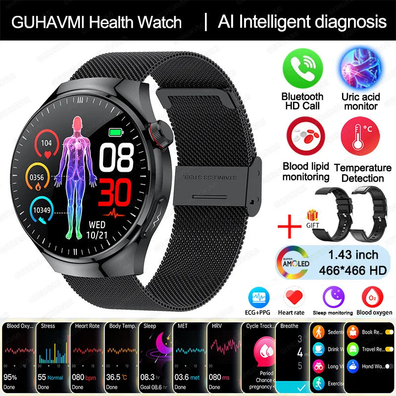 GUHAVMI Health Smartwatch featuring AI diagnosis, temperature detection, Bluetooth calling, and health monitoring functions.