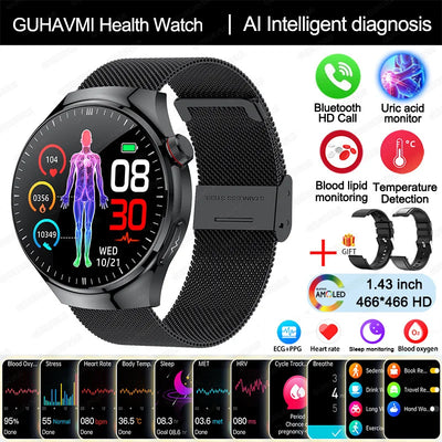 GUHAVMI Health Smartwatch featuring AI diagnosis, temperature detection, Bluetooth calling, and health monitoring functions.