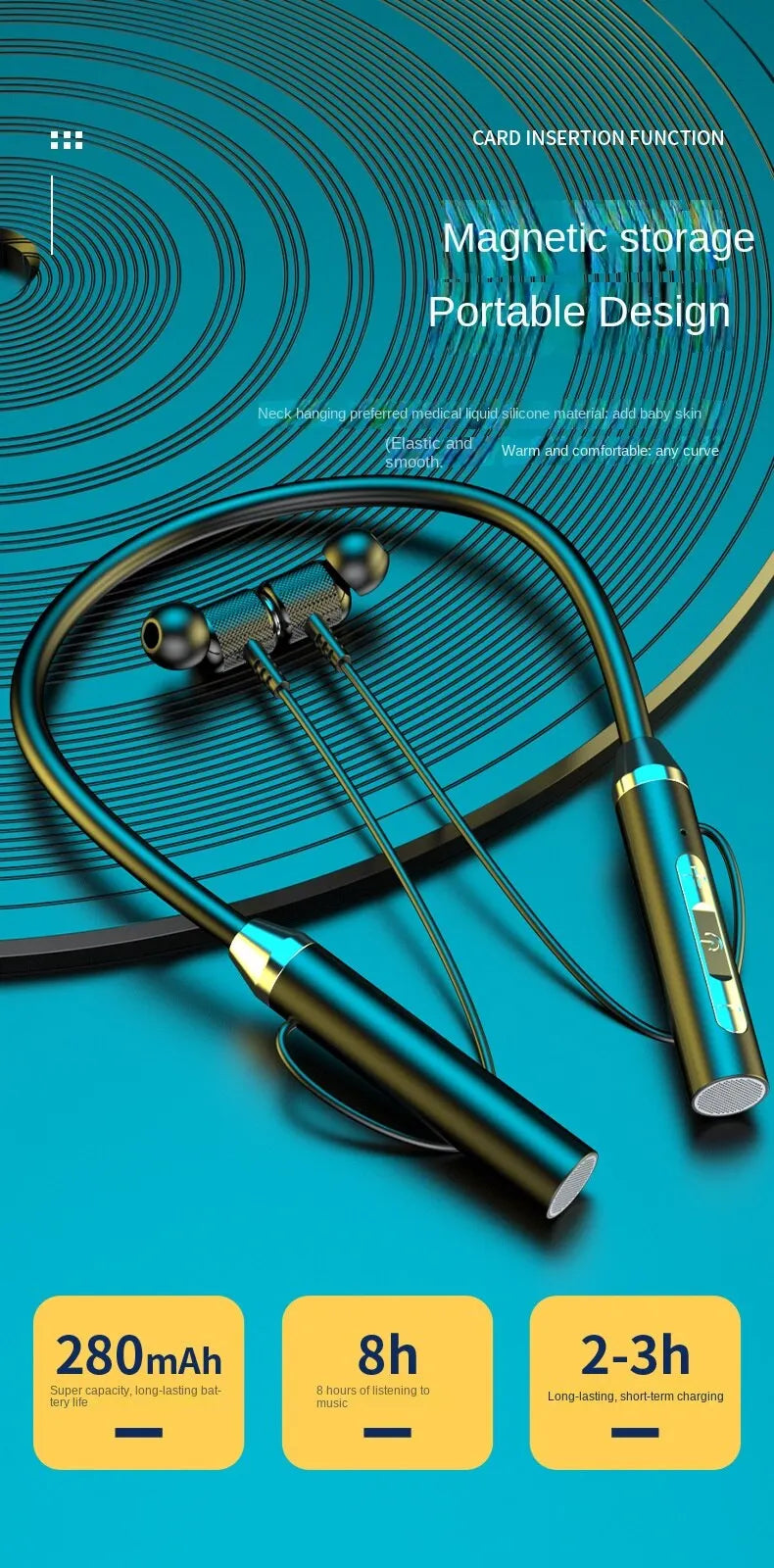Wireless Bluetooth neckband earphones with magnetic storage, 280mAh battery, 8-hour playtime, and portable design.