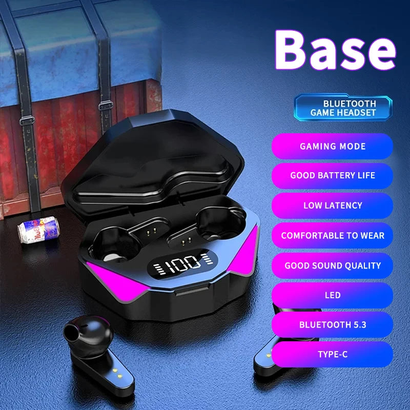 TWS wireless Bluetooth gaming headset with low latency, LED display, and comfortable design in charging case.