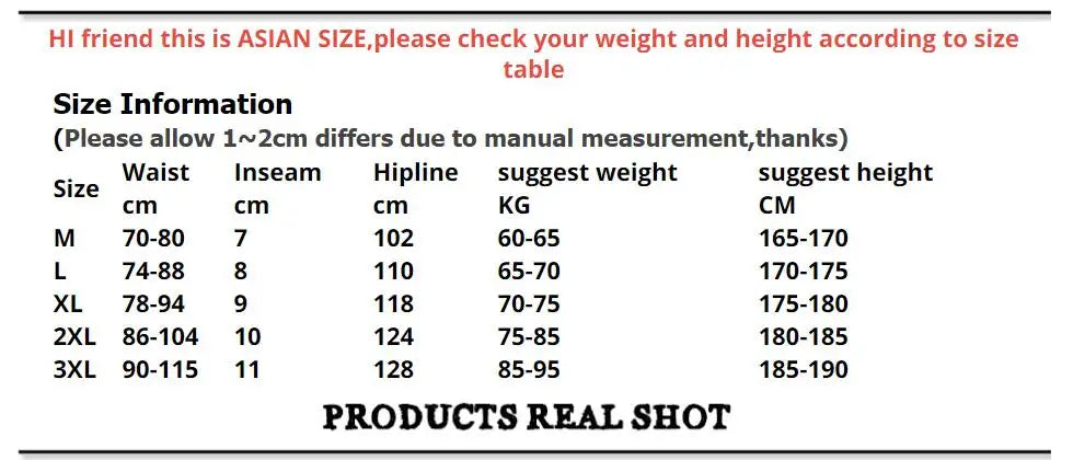 Size chart for men's breathable gym and running shorts, showing Asian sizes M-3XL with waist, inseam, and suggested height.