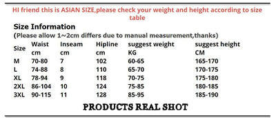 Size chart for men's breathable gym and running shorts, showing Asian sizes M-3XL with waist, inseam, and suggested height.