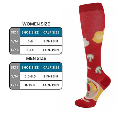 Sizing chart for compression socks showing women's and men's sizes alongside a colorful sock design.