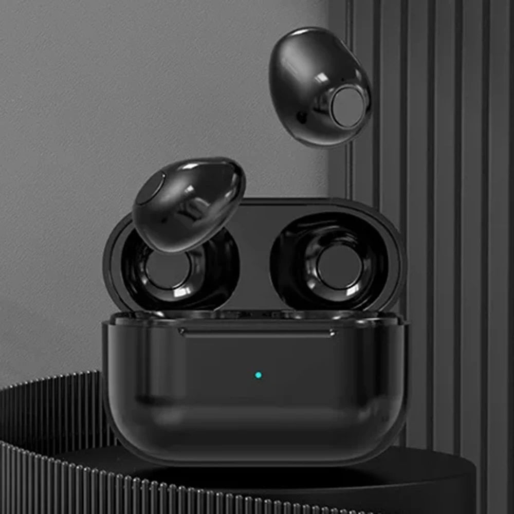 Mini Invisible TWS Bluetooth Earbuds in charging case, showcasing sleek black design and advanced features.