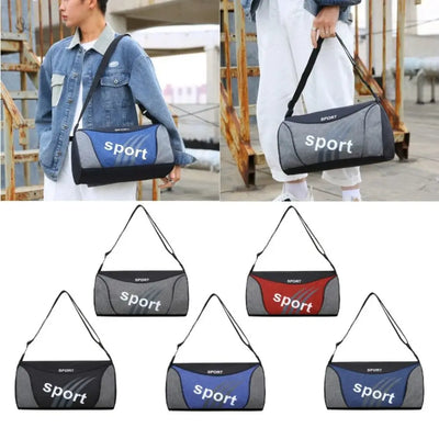 Men's sports gym bags in various colors, ideal for training and weekend travel, featuring durable nylon design.