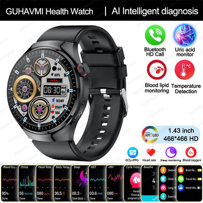 GUHAVMI Health Watch with Bluetooth calling, temperature sensor, uric acid monitor, and AI diagnosis features.
