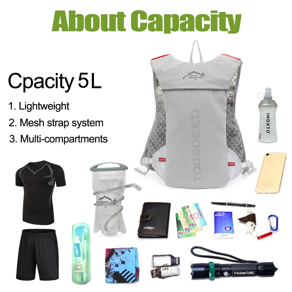 Ultralight hydration running vest in gray with 5L capacity, lightweight, mesh strap, and multi-compartments, ideal for outdoor activities.