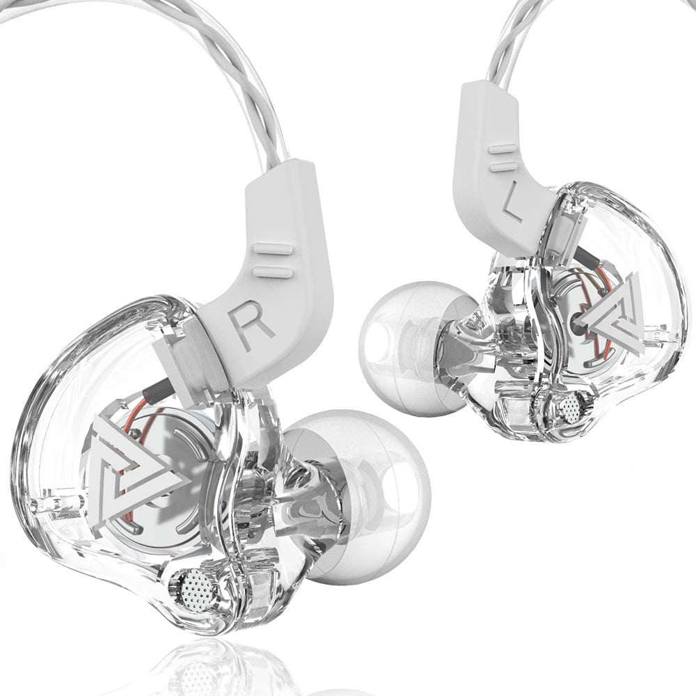 Transparent wired earphones with left and right indicators, ideal for gaming and mobile use.