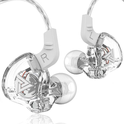 Transparent wired earphones with left and right indicators, ideal for gaming and mobile use.