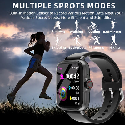 Waterproof smartwatch displaying sports modes for tracking steps in running, walking, cycling, and more during workouts.