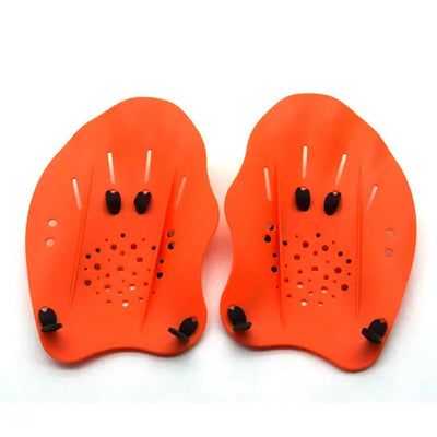 Swimming paddles training gloves in bright orange, adjustable silicone webbed design for men, women, and kids.